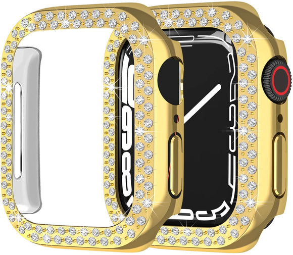 (2 Pack) Orzero Compatible for Apple Watch Series 7 45mm Case, Rhinestone Bling Frame Full Sides Protective Cover Scratch Resistant Shock Absorbing Ultra Slim - Gold